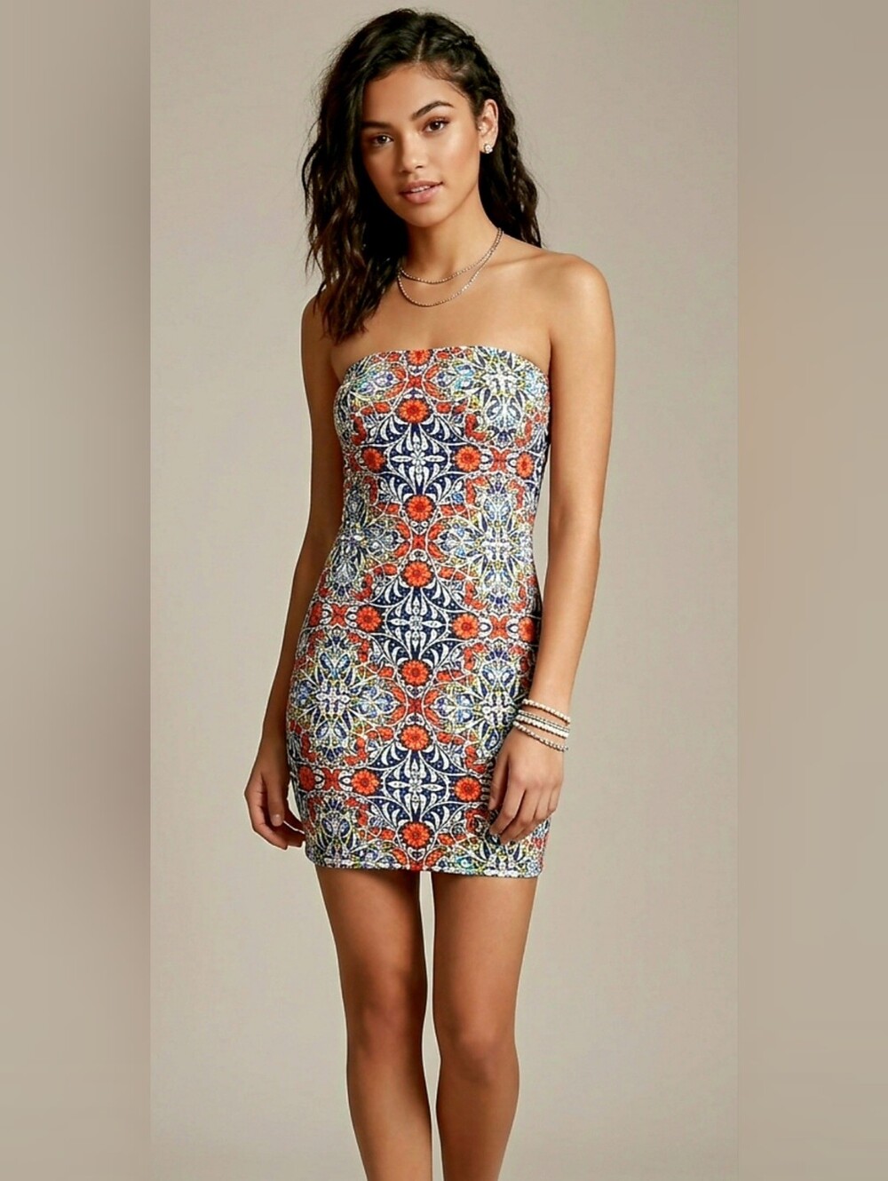 Forever 21 Strapless Mini Tube Dress Summer Mosaic Aztec Floral Size Large